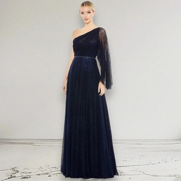 NEW MAC DUGGAL LACE ONE SHOULDER ILLUSION SLEEVE A LINE GOWN In Navy Size 4 - Picture 3 of 12